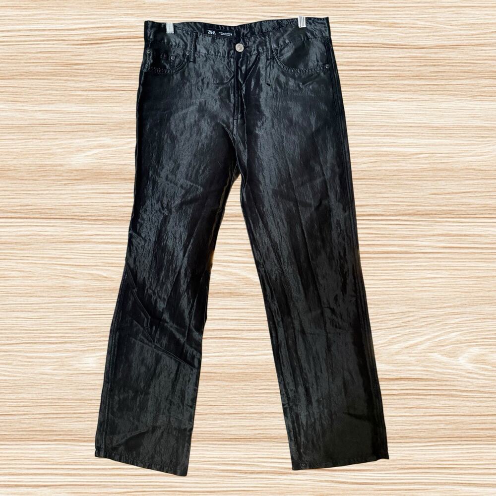 Zara NEW Black Wide Leg Jeans Sz 6/30 Womens‎ Cotton Waxed or Silky Wash Unique